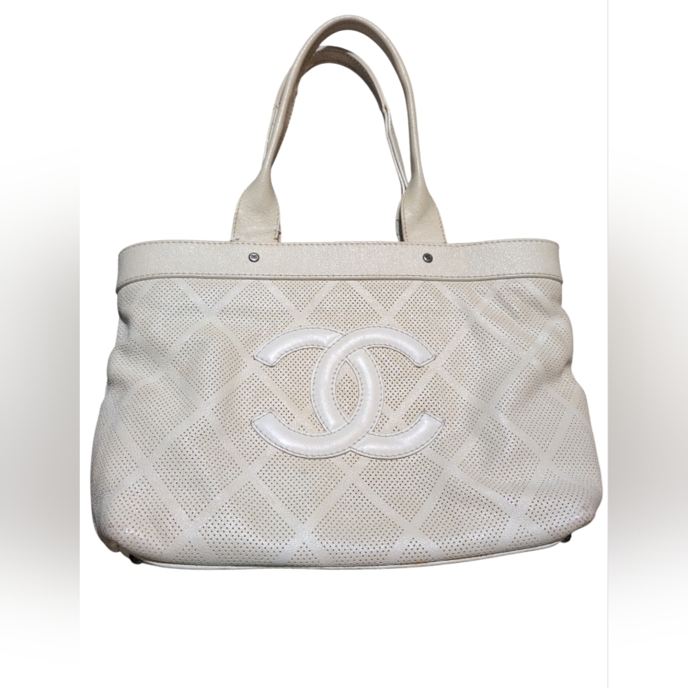 CHANEL Off-White Perforated Leather Tote with CC Logo